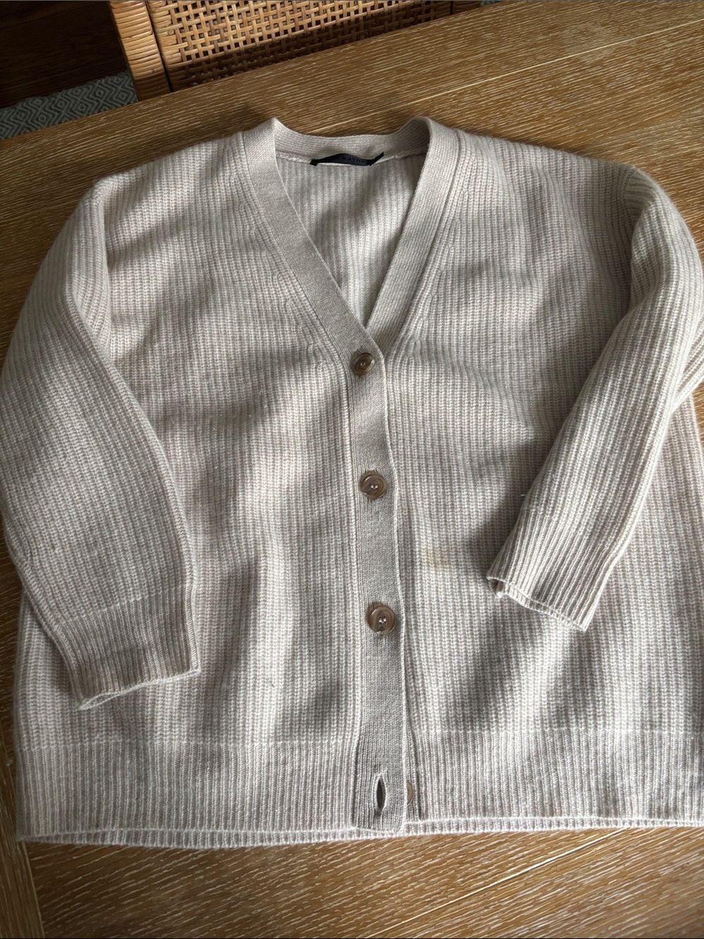 Jenni Kayne Cashmere Oatmeal/ Cream Ribbed V-Neck Button Cardigan